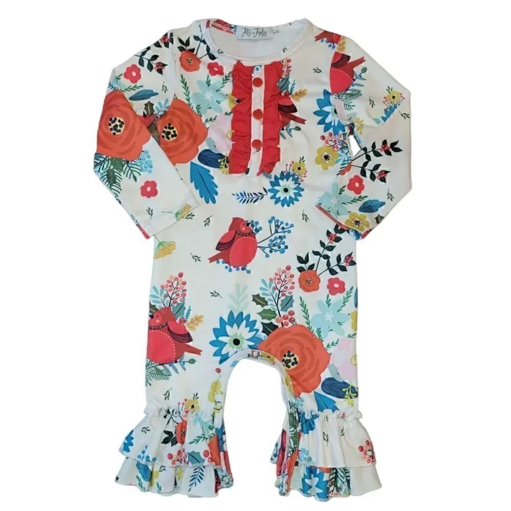 Jets+Jewels Red Bird Cardinal Floral Ruffle Front-Hem Long Onsie Holiday 3M